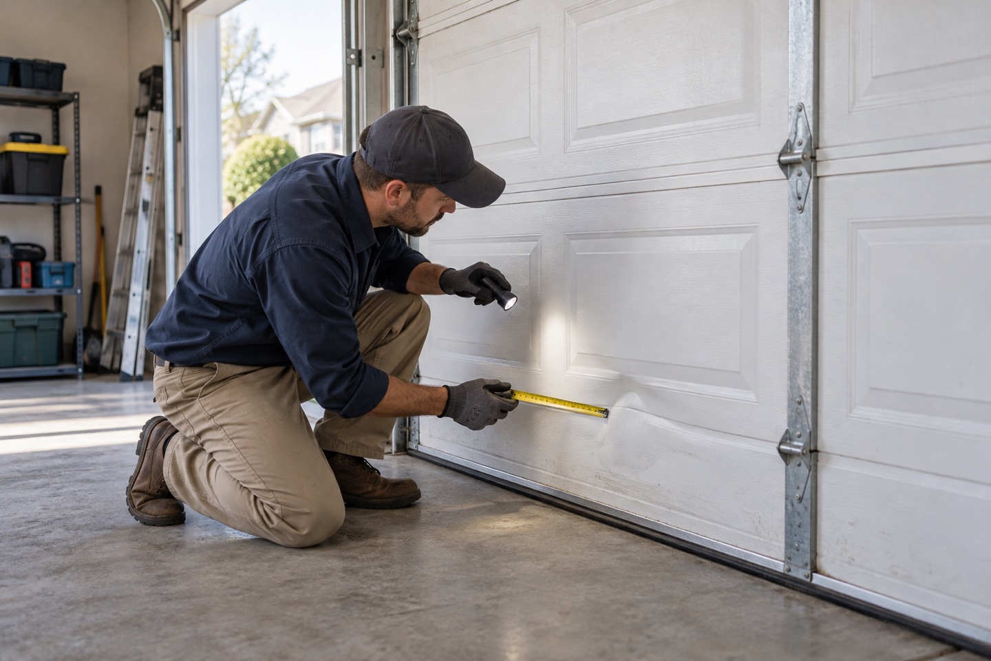 Technician assessing a dented lower garage door panel for repair