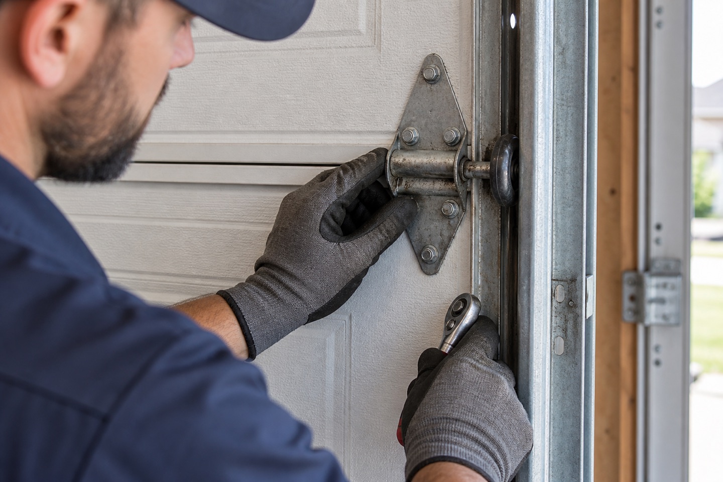 Close view of a technician inspecting a garage door roller and hinge
