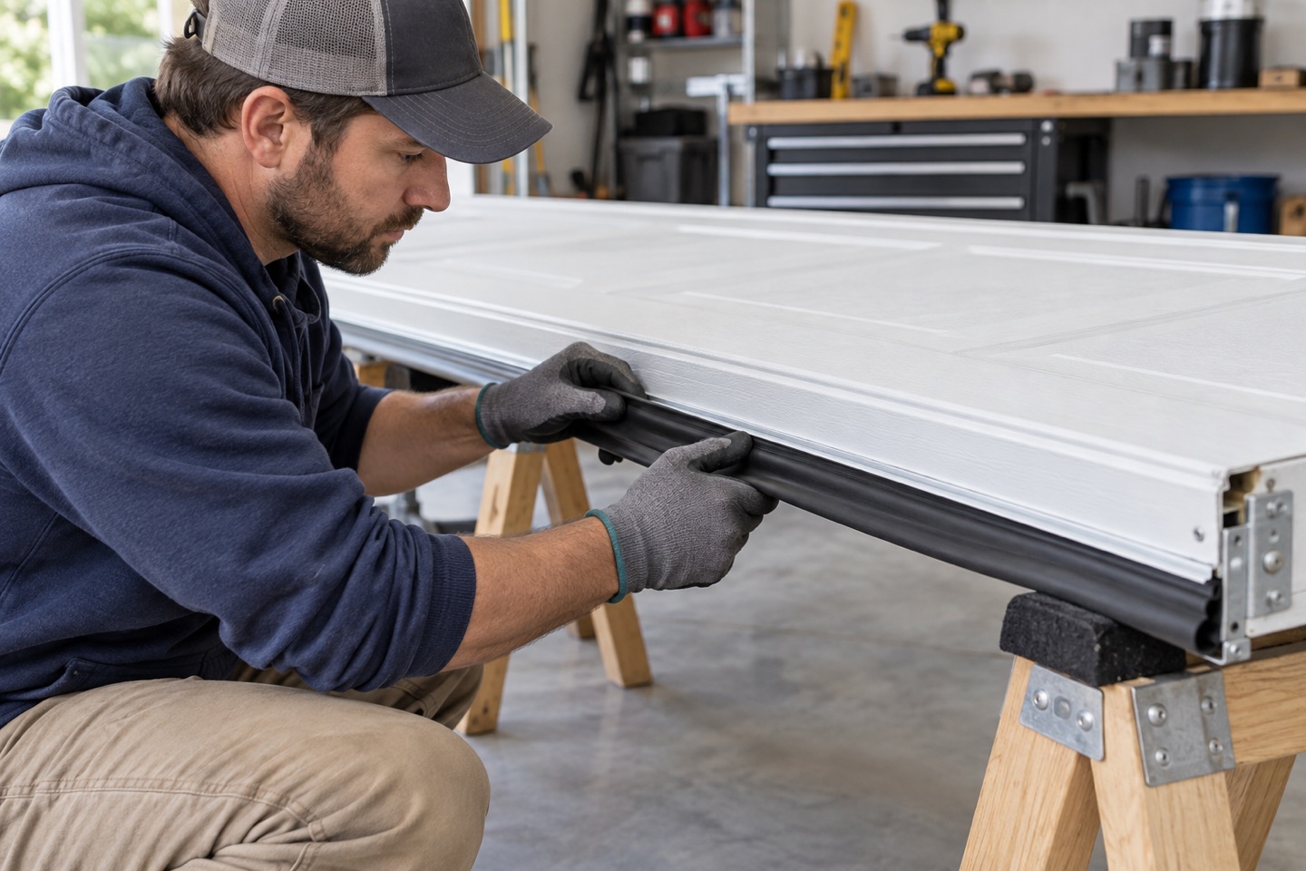 Technician fitting a new bottom weather seal to a garage door section